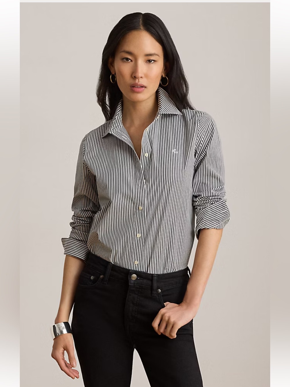 Ralph Lauren Women’s Plum Vertical Stripes Button-Down Cotton Shirt